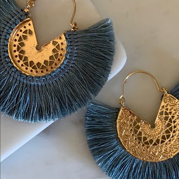 Blue Fan Fringe Earrings - Picture 2 of 4